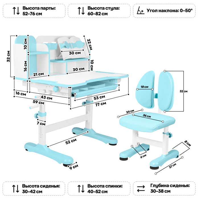 Характеристики Комплект Anatomica Umka парта + стул + надстройка + выдвижной ящик + подставка для книг Характеристики Комплект Anatomica Umka парта + стул + надстройка + выдвижной ящик + подставка для книг